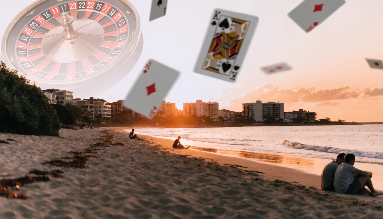 Sunset Australian beach with floating casino symbols