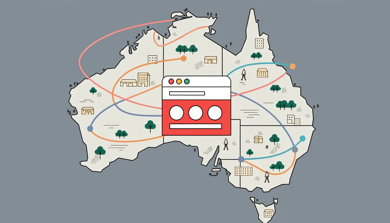 Map of Australia with block icon over casino website