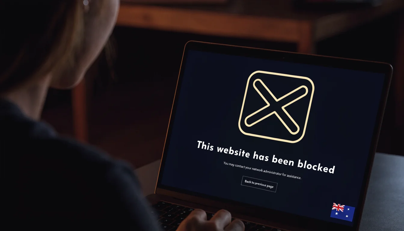 Computer screen showing blocked casino website warning